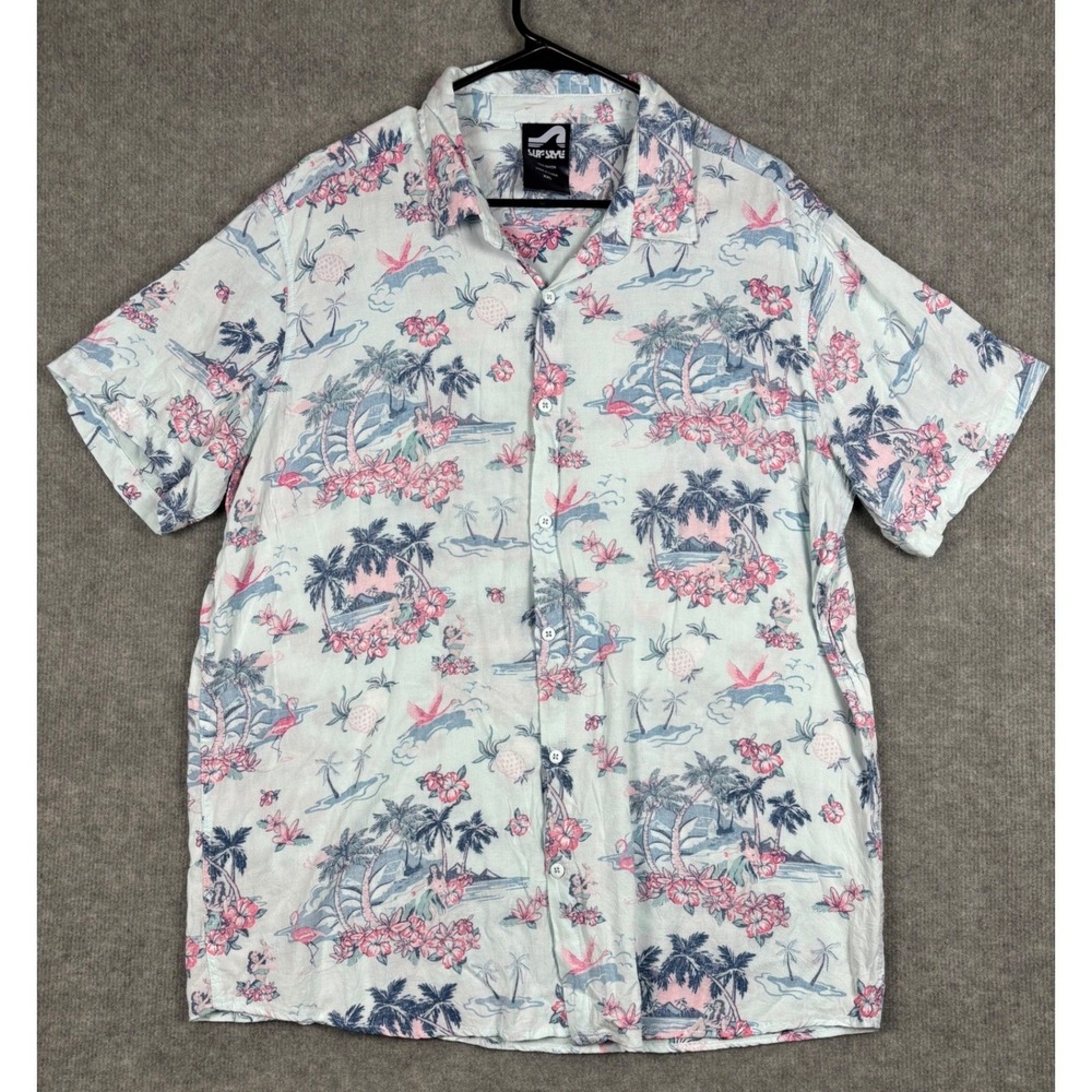Surf Style XXL Hawaiian Shirt Tropical Island Flamingo Print Blue Short Sleeve